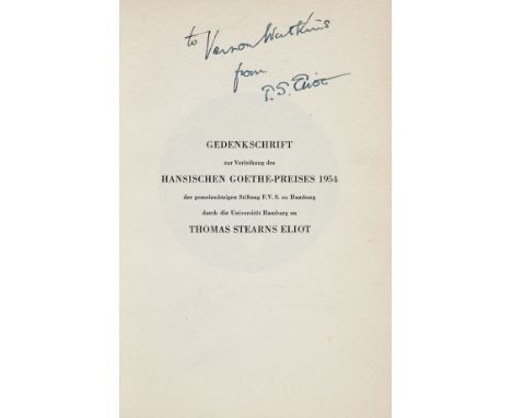 Eliot (T.S.) Goethe as the Sage, first edition, signed presentation inscription from the author to Vernon Watkins on title an