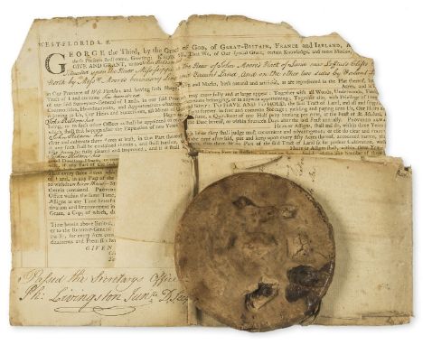 America, British West Florida.- George III. Letters Patent grant to John Ritson of 600 acres of land on the Mississippi, 3 sh