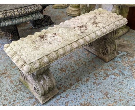 ARCHITECTURAL GARDEN BENCH, composite stone, 106cm W, scrolled supports. 