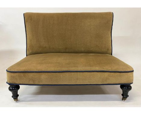 HALL SOFA/BENCH, Victorian sage green velvet upholstered, with blue cord and ebonised supports with ceramic castors, 110cm W 