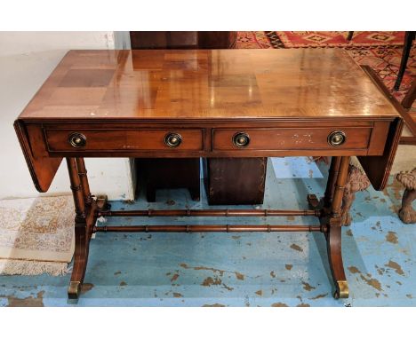 SOFA TABLE, 57cm x 75cm H x 104cm, Regency style yewwood with parquetry square inlays to top above two drawers and a mahogany