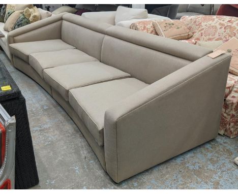 SOFA, 340cm W, contemporary concave design, light brown fabric upholstered. 