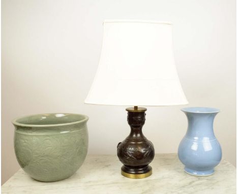 CELEDON JARDINIERE, a powder blue Hu vase and a Japanese Meiji style bronzed lamp with shade. (3) 