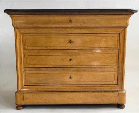 COMMODE, 19th century French, Louis Philippe Birds-eye maple and line inlaid with five long drawers and black fossil marble t