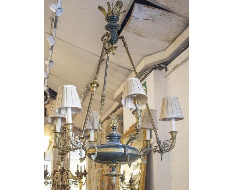CHANDELIER, 108cm H x 78cm W, late 19th/early 20th French gilt and patinated metal of six branches. 