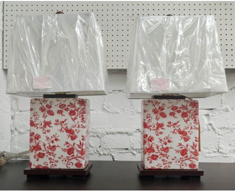 LAUREN RALPH LAUREN TABLE LAMPS, a pair, 44cm H, ceramic with floral print, with shades. (2) 