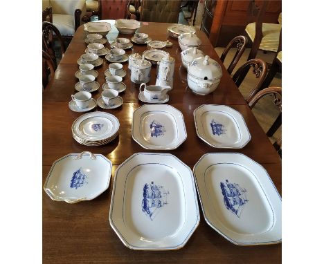 DINNER SERVICE, Spode, blue and white with gilt rims, 'Trade Winds' pattern, six place setting including dinner plates, soup 