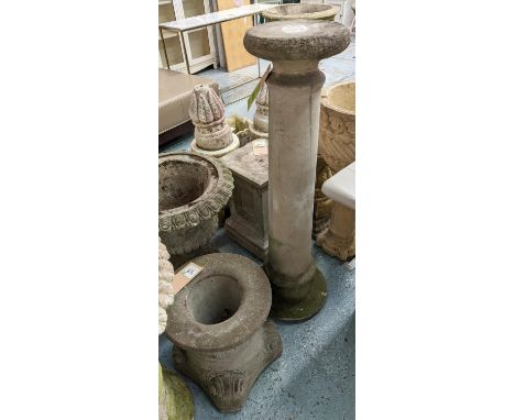 ARCHITECTURAL GARDEN PEDESTALS, a set of five various, 108cm at tallest and another a pair and one other, with two decorative