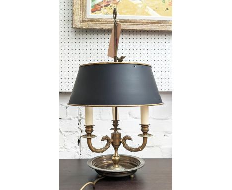 BOUILLOTTE STYLE TABLE LAMP, black metal shade, gilt edges, three branch, 62cm H x 37cm D. 