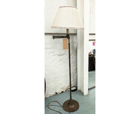FLOOR LAMP, brass folding arm extending outwards turned column, weighted base, 115cm H. 