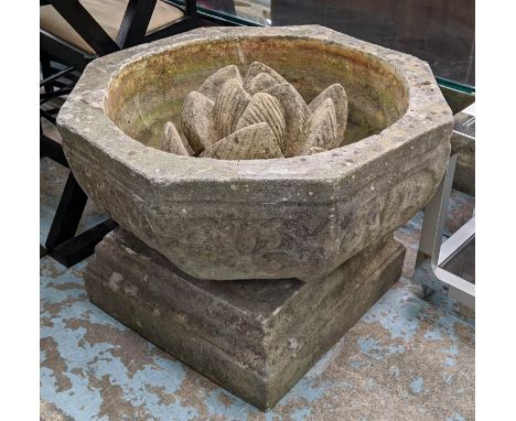 ARCHITECTURAL LOTUS FLOWER WATER FOUNTAIN IN URN, 65cm diam x 47cm, composite stone. (2) 