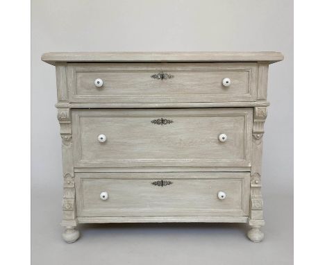 COMMODE, 19th century French grey painted with three long drawers silvered escutcheons and ceramic knobs, 100cm x 52cm x 83cm