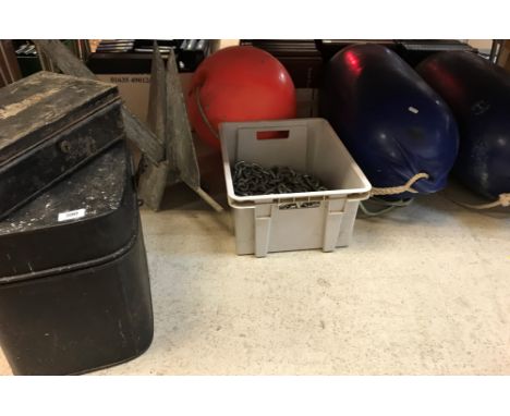 A length of marine chain, anchor, two anchor marine buoys and another and a painted tin deed box and a painted tin hat box