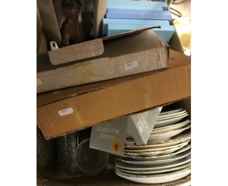 Two boxes of various glass and china wares, empty bottle of Nicolas Feuillatte Champagne, three small milk churns, various cu