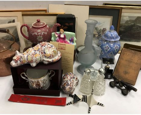 Two boxes of various sundry items to include Victorian copper kettle, Royal Doulton figurine "Sweet and twenty" (HN1589), two