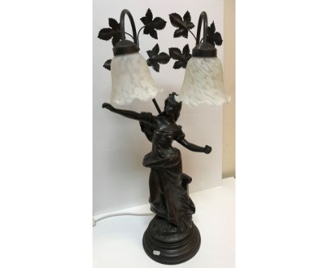 A bronzed table lamp in the Art Nouveau style with figural decoration and two frosted glass lamps as branches, 76.5 cm high o