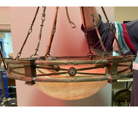 A circa 1900 brass framed ceiling light in the Empire taste with bound reeded banded decoration and shaped brown veined white