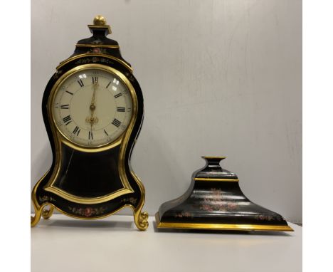 A 20th Century black lacquered gilt decorated and flora spray painted bracket clock in the 19th Century style, the circular d