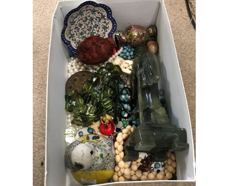 A box of assorted Oriental items to include a jade figure of a sage, 20 cm high, cinnabar style scent bottle, cloisonne minia