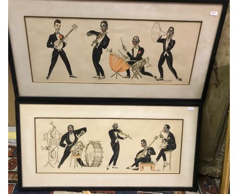 AFTER RAYMOND DERY "Jazz musicians", a pair of coloured prints, 23.5 cm x 60.5 cm, together with AFTER GILBERT HOLIDAY "Ascot