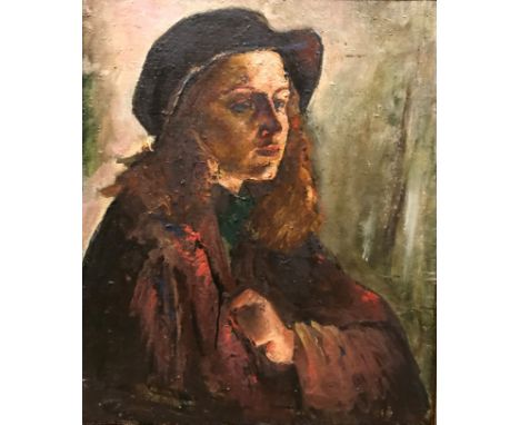 LATE 20TH CENTURY RUSSIAN SCHOOL "Girl in cap", portrait study, oil on canvas, bears inscription verso, 59 cm x 50 cm