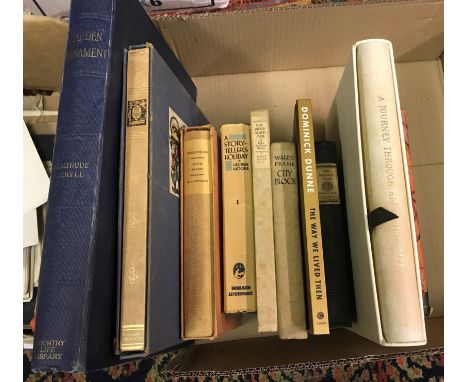 A box of various books including GERTRUDE JEKYLL "Garden Ornament", published Country Life 1918, tooled and gilded cloth boar