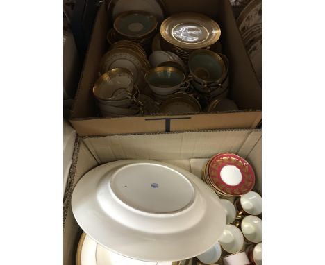 Two boxes of various dinner wares including Royal Doulton "Royal Gold" dinner wares, large circular serving platter, smaller 