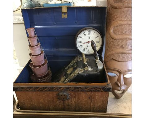 A Victorian tole ware type coal box with shovel, painted tin trunk, two brass pierced fire kerbs, 113 cm wide and 92 cm wide,