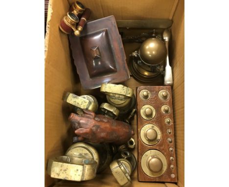 A collection of eight 19th Century brass bell weights, a set of twelve vintage brass metric weights, 1 kg downwards, a copper