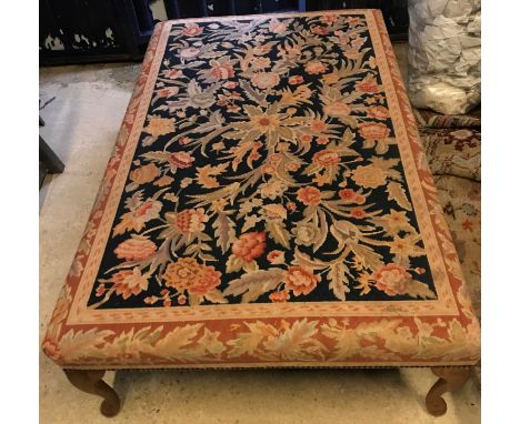 A modern floral tapestry upholstered rectangular drawing room stool on beech cabriole legs to pad feet 159 cm x 98 cm x 45 cm