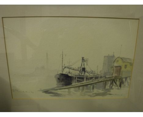 PETER KNOX "Coaster, the stone berth - fog" watercolour study of ships at quayside, signed and dated lower right, titled lowe