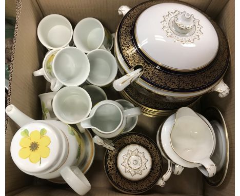 Four boxes of various china wares including Royal Doulton Lambeth Stoneware Summer Days coffee set and a Soho Pottery Ltd Sol