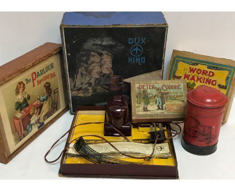 A collection of various vintage toys and games to include Dux Kino projector, "Word-making and Word-taking Letter Game", boxe