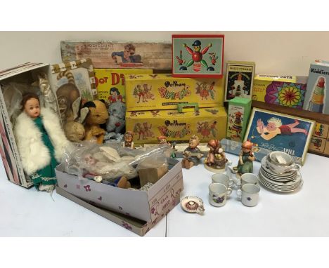 Two boxes of various vintage childrens' toys and games, including Sooty and Sweep glove puppets, Chad Valley, together with a