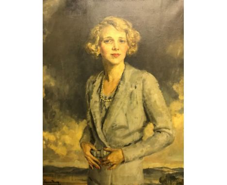 SIMON ELWES (1902-1975) "Joan Worthington Evans", a portrait study of a lady in pale blue jacket with pearl necklace in a lan