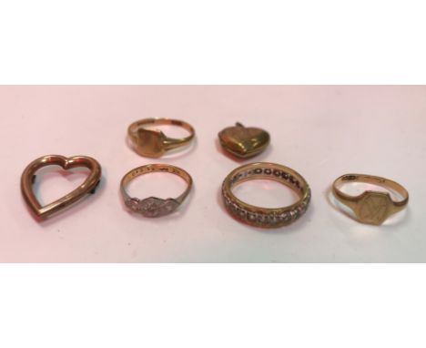 A collection of gold comprising an 18 carat gold and stone set ring, 2 g, a 22 carat gold wedding ring, 4.6 g and four 9 cara