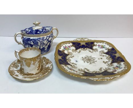 One Coalport cobalt square serving plate and six circular plates together with four various Royal Crown Derby gilt decorated 