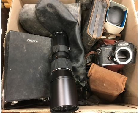 A box of various camera equipment including a Sem twin lens camera, Bell &amp; Howell Sportster IV cine camera, a Kodak Brown