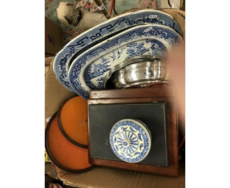 Three boxes of various sundry items to include a pair of plated vegetable tureens and covers, two Le Cruset oval pots and cov