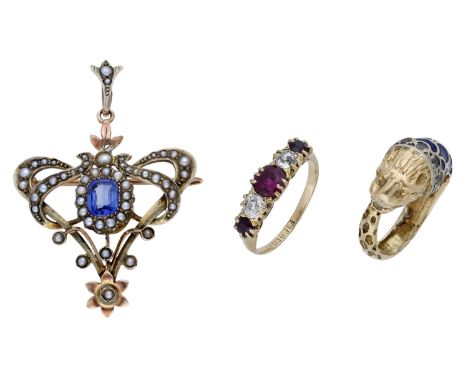 A small collection of jewellery, comprising an early 20th century blue stone  and seed pearl brooch/pendant of whiplash scrol