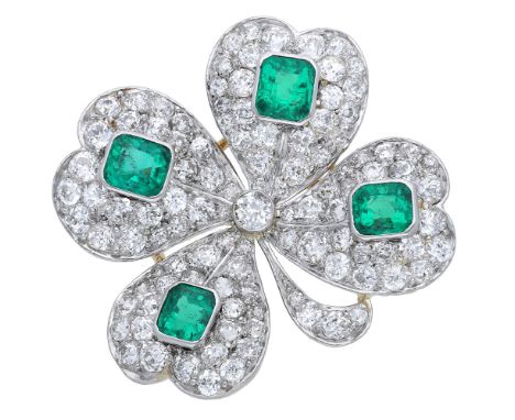 An emerald and diamond brooch, the early 20th century jewel designed as a four-leaf clover, pavé-set with old brilliant-cut d