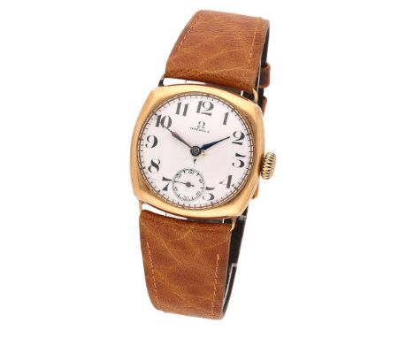 Omega. A gold cushion-form wristwatch, circa 1915. Movement: manual winding, 15 jewels, no. 5677186. Dial: white enamel, Arab