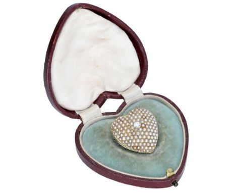 A diamond and seed pearl heart brooch / pendant, set with an old brilliant-cut diamond in a surround of seed pearls, stamped 