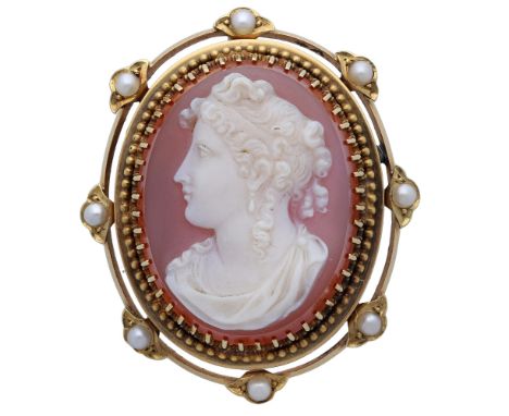 A late 19th century hardstone cameo brooch, the oval agate cameo carved to depict a classical maiden in profile, in a gold su
