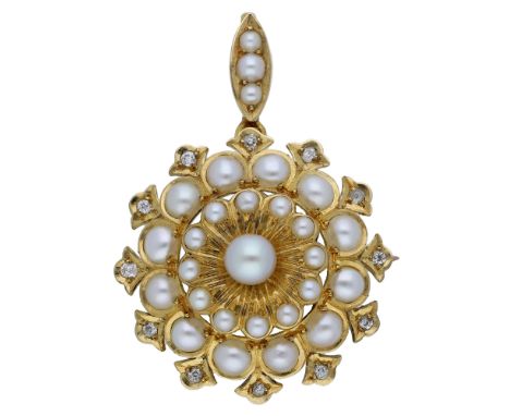 A pearl and diamond combination jewel, circa 1900, the tiered cluster set with a central pearl within a surround of half-pear