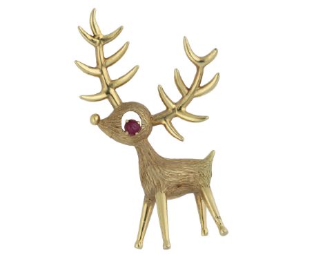 A gold novelty brooch, by Hans Georg Mautner, 1968, designed as a stylised 18ct gold reindeer with textured body, polished an