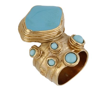 A turquoise and enamel ‘Arty’ ring by Yves Saint Laurent, the broad band abstractly set with turquoise cabochons and surmount