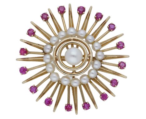 A cultured pearl and ruby brooch by Fisher & Co., circa 1950, designed as a stylised sunburst, with a cultured pearl cluster 