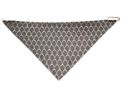 An American costume mesh scarf by Whiting & Davis Ltd, circa 1970, of triangular form, composed of reflective gilt and brown 