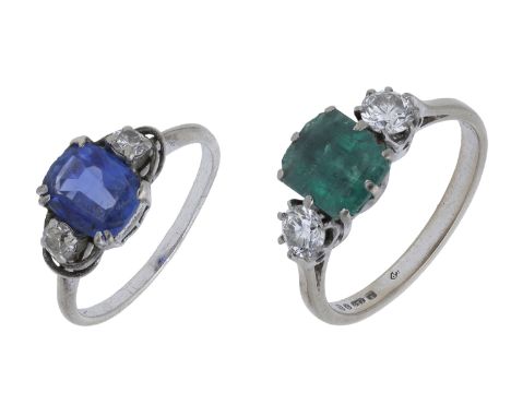 A sapphire and diamond three stone ring and an 18ct gold emerald and diamond three stone ring, the cushion-shaped sapphire cl